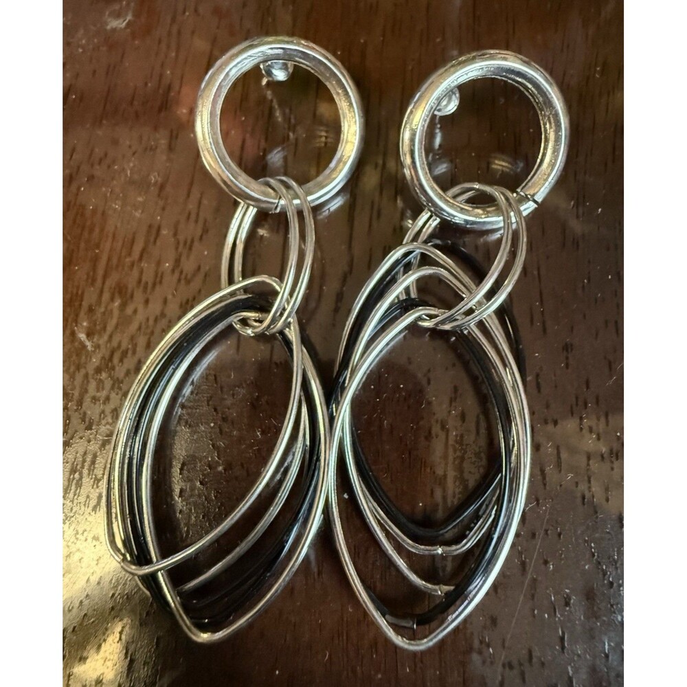 Silver Tone Double Hoop Oval Dangle/Drop Earrings, Metal Latch Back No Stone